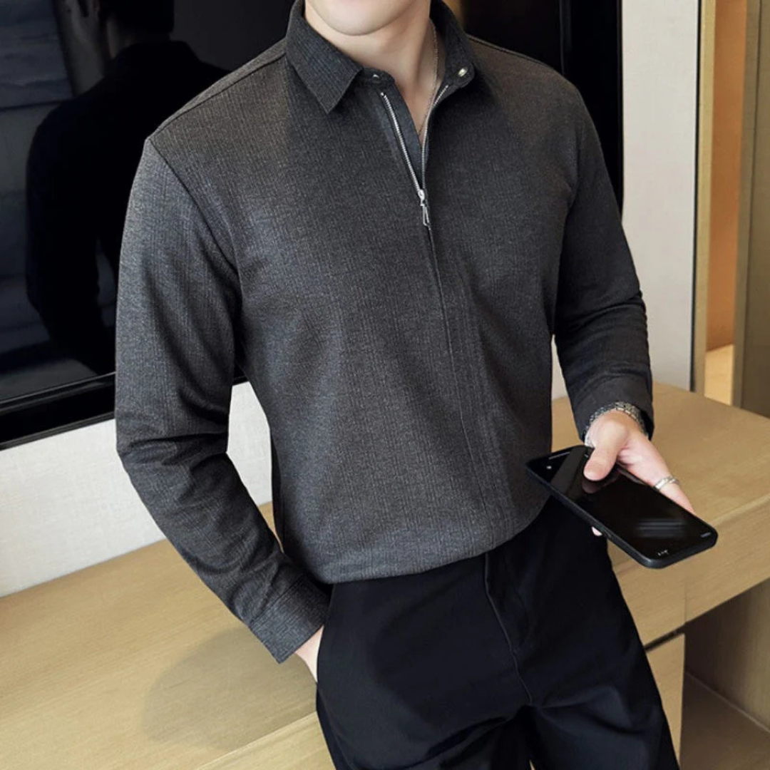 Camisa de Solapa de Color liso para Hombre con Cierre de Cremallera®
