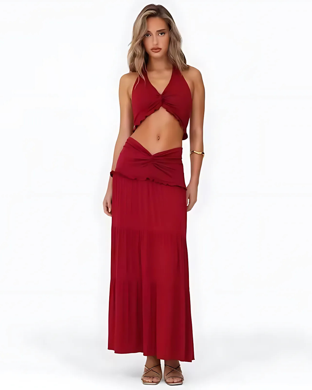Conjunto con cuello halter de escote en V y falda larga para mujer