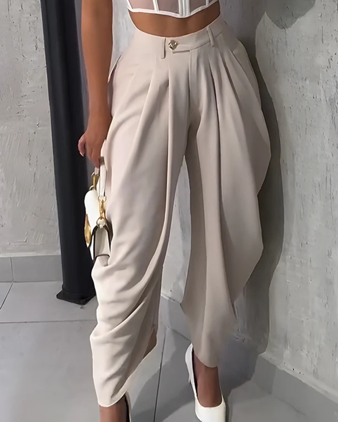 Pantalones informales de cintura alta y fruncido suelto para mujer®