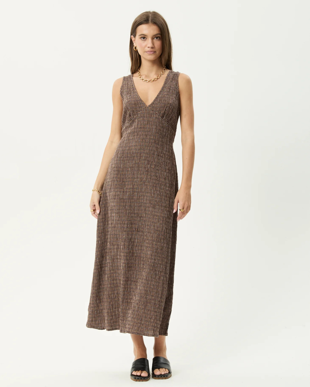 Vestido Largo sin Mangas con Escote en V y Estampado de Cuadro