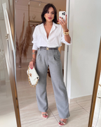 Conjunto en Lino de Chaleco y Pantalón de Pierna Ancha para Mujer
