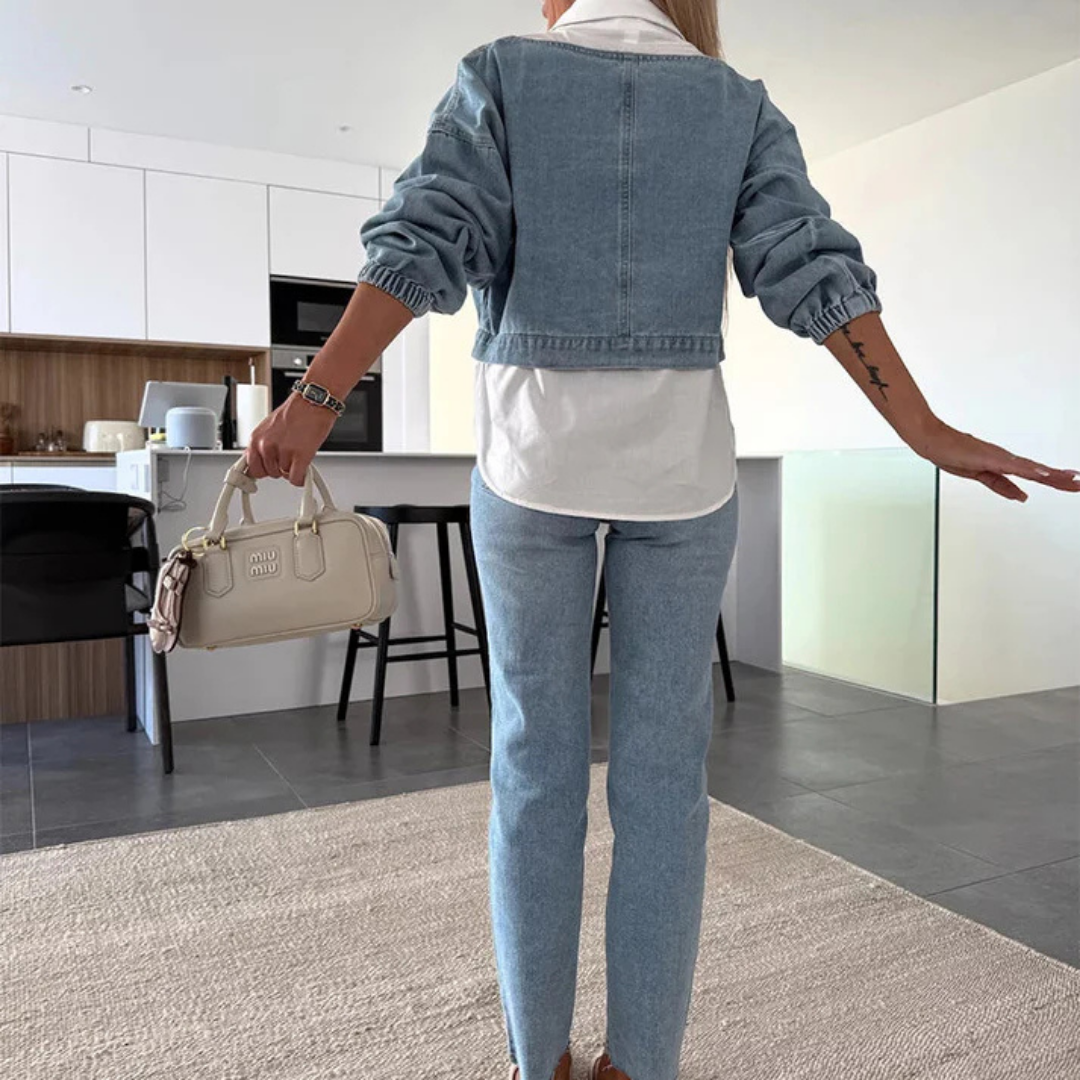 Conjunto de dos piezas de camisa manga larga y pantalón jeans para mujer