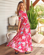 Vestido Largo con Escote en V y Mangas Elásticas