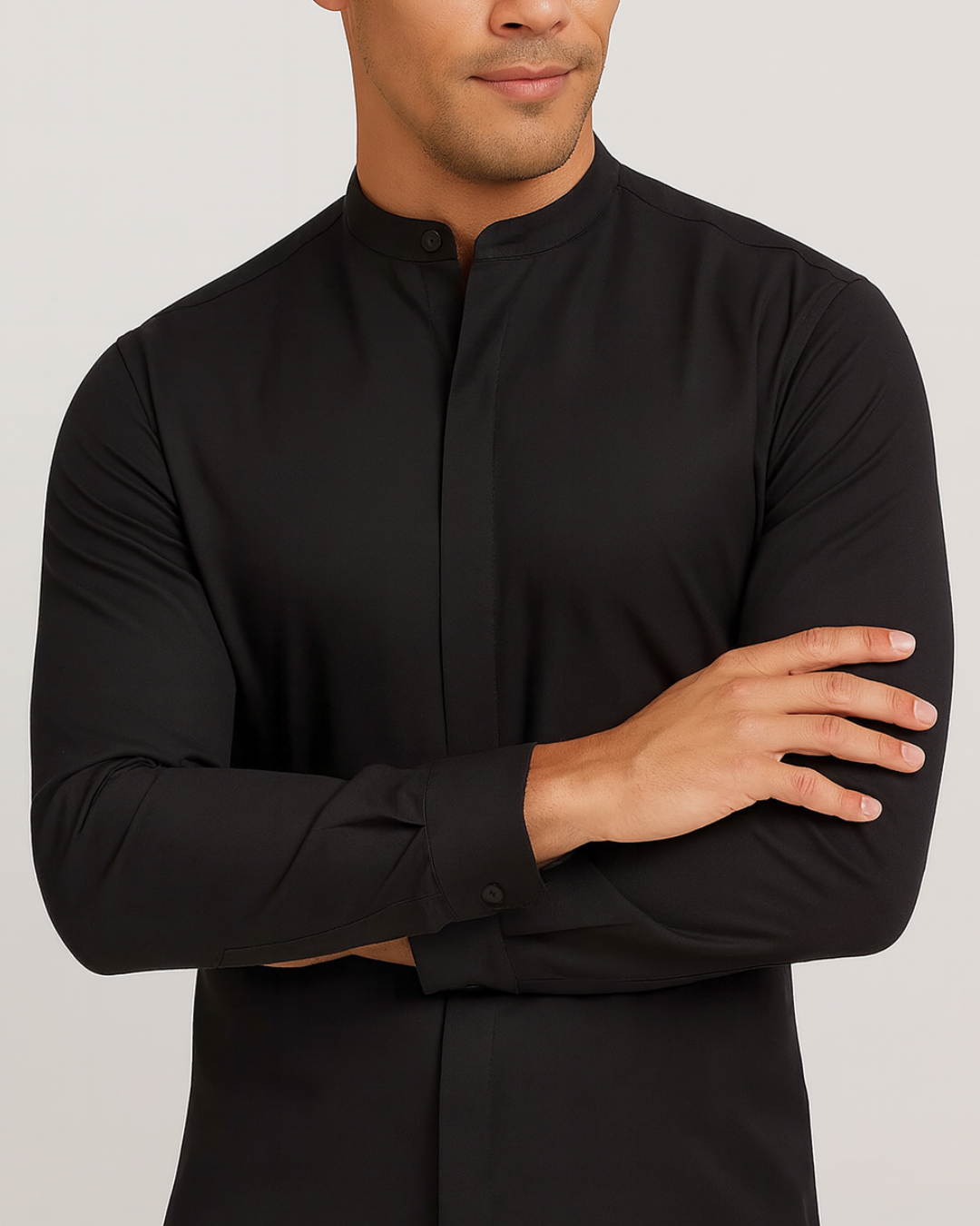Camisa Manga Larga con Cuello Mao y Cierre Oculto para Hombre®