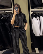 Conjunto casual de dos piezas con pantalones y camisa de manga corta para mujer