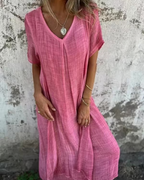 Vestido midi de algodón y lino con escote en V®