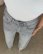 Pantalón estilo Vaqueros de Pierna Ancha con Diamante para Mujer®