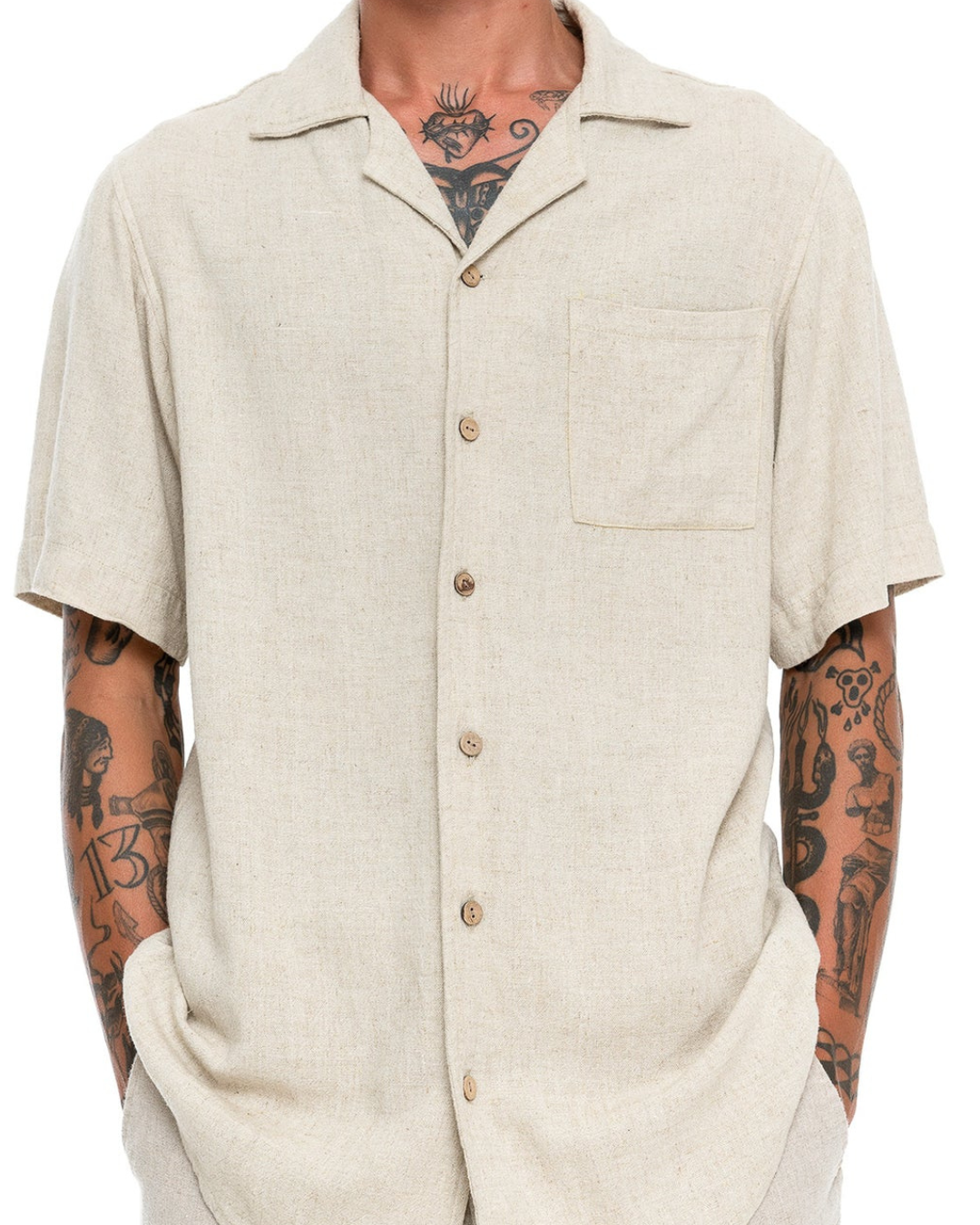 Camisa de Manga Corta para Hombre con Bolsillo Frontal y Tejido de Lino