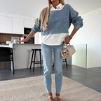Conjunto de dos piezas de camisa manga larga y pantalón jeans para mujer