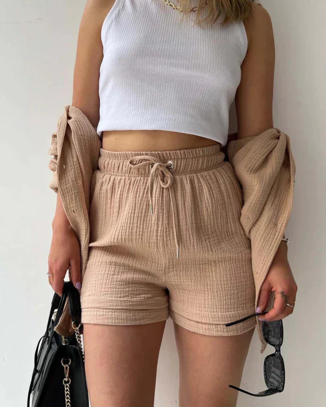 Conjunto de camisa de manga larga y short corto de cintura alta